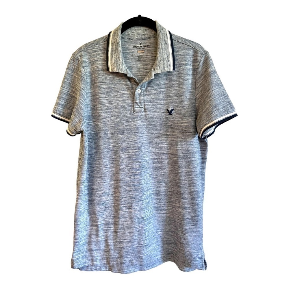 AMERICAN EAGLE OUTFITTERS, MENS SHORT SLEEVE POLO SHIRT IN HEATHER BLUE. SIZE M